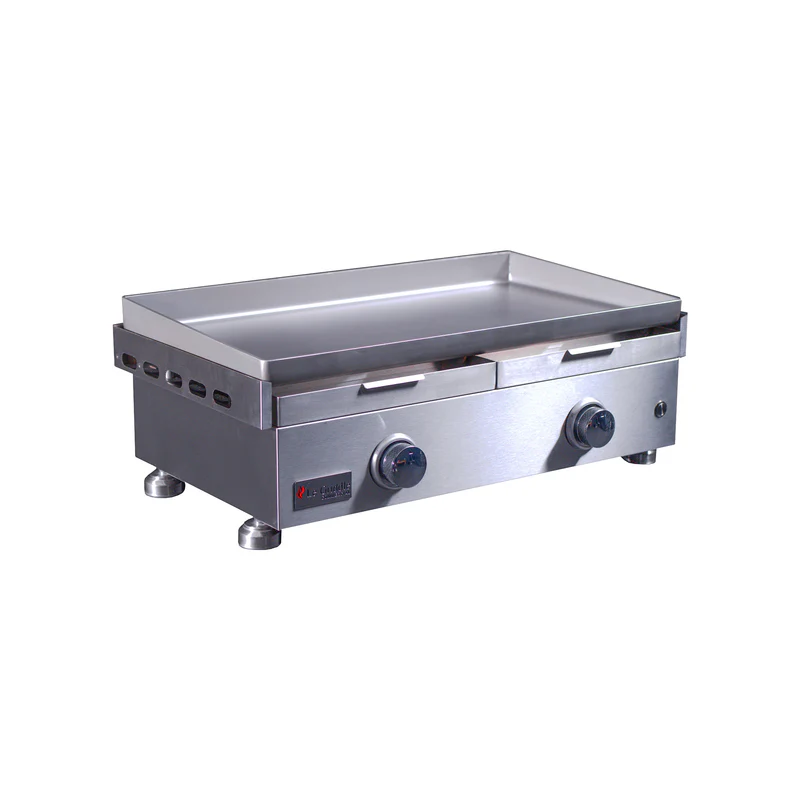Stainless steel griddle on a white background