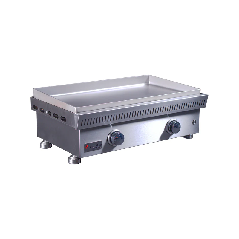 Stainless steel griddle on a white background