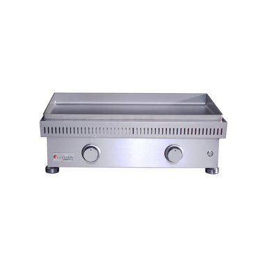 Stainless steel griddle with brand logo on a white background