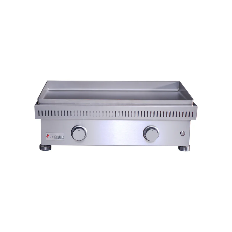Stainless steel griddle with brand logo on a white background