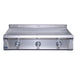 Stainless steel grill with three control knobs on a white background