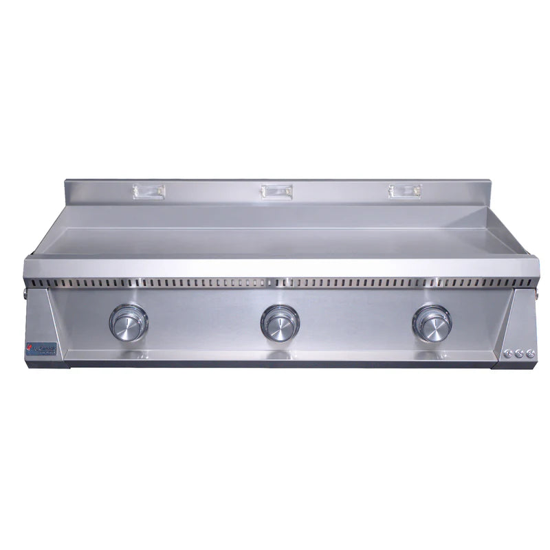 Stainless steel grill with three control knobs on a white background