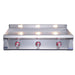 Stainless steel commercial grill with three burners on a white background
