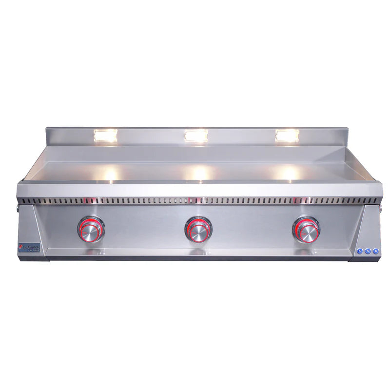 Stainless steel commercial grill with three burners on a white background