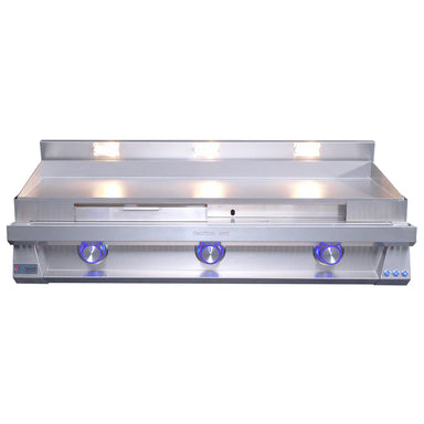 Stainless steel grill with LED lights on a white background