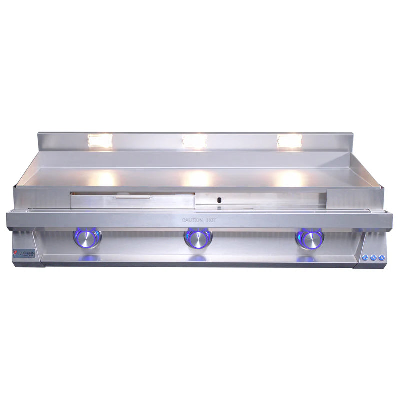 Stainless steel grill with LED lights on a white background