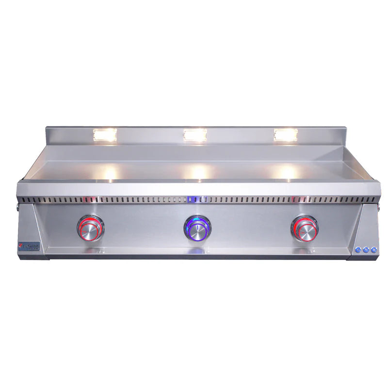 Stainless steel cooktop with three burners on a white background