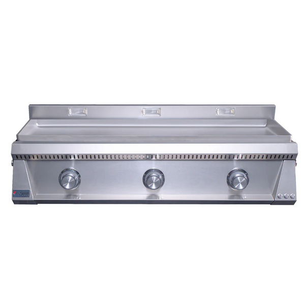Stainless steel grill with three control knobs on a white background