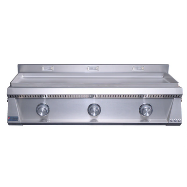 Stainless steel grill with three control knobs on a white background