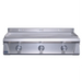 Stainless steel grill with three control knobs on a white background