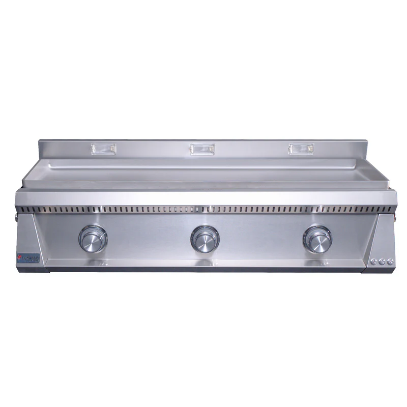 Stainless steel grill with three control knobs on a white background