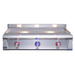 Stainless steel grill with three control knobs on a white background