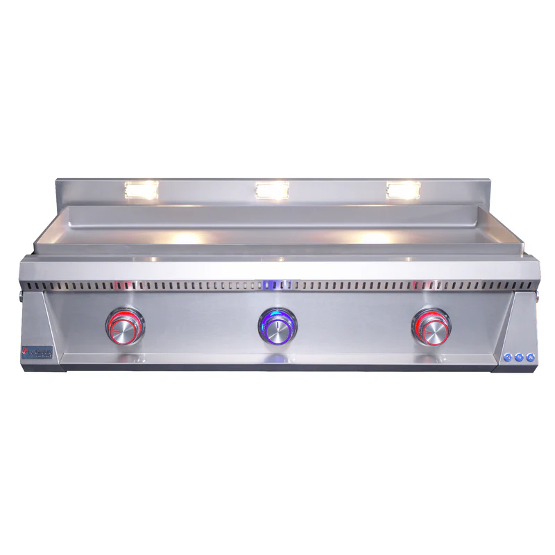 Stainless steel grill with three control knobs on a white background