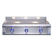 Stainless steel grill with three control knobs on a white background
