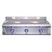 Stainless steel grill with three control knobs on a white background