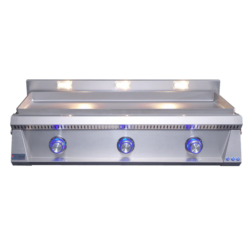 Stainless steel grill with three control knobs on a white background