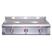 Stainless steel grill with three control knobs on a white background