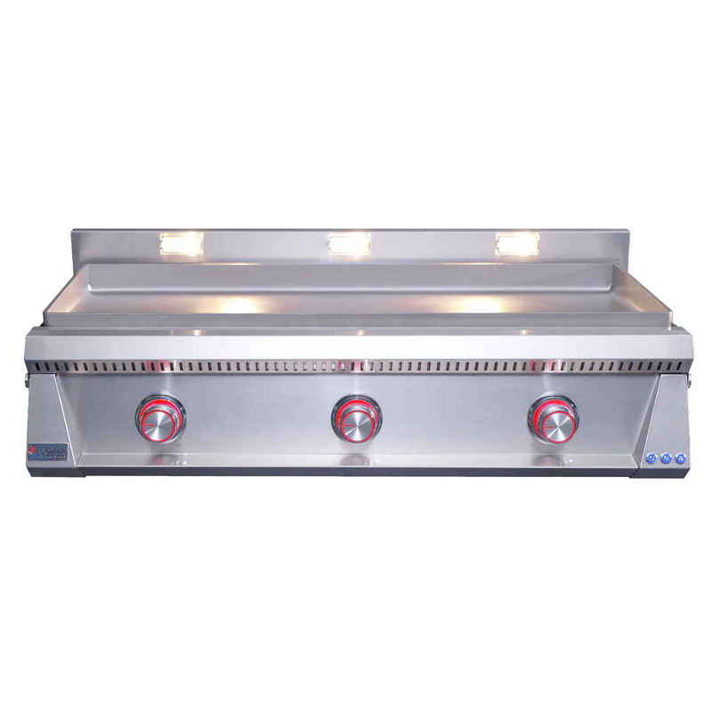 Stainless steel grill with three control knobs on a white background