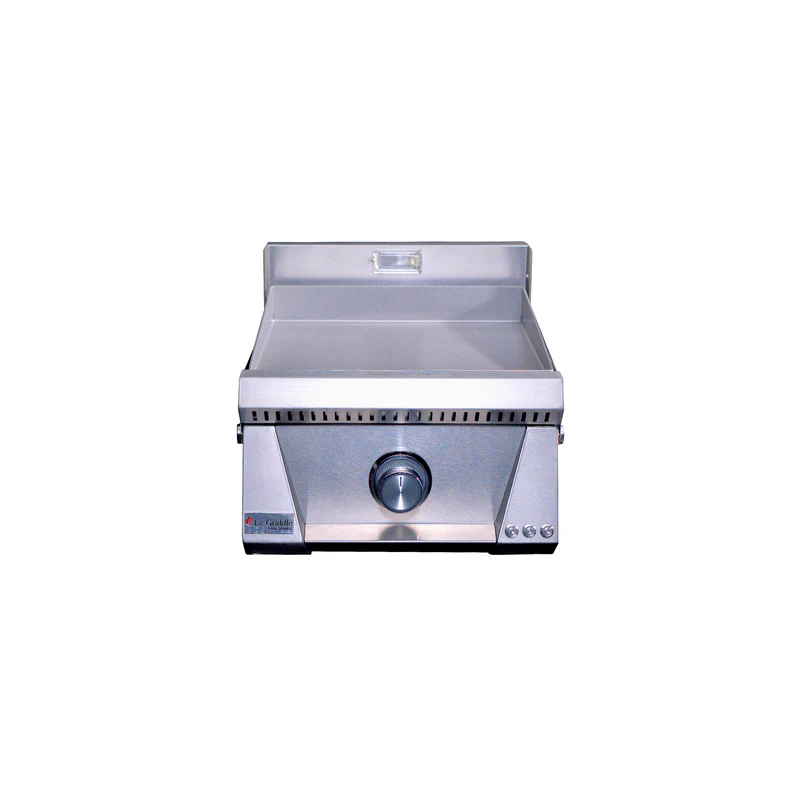 Stainless steel pro griddle on a white background
