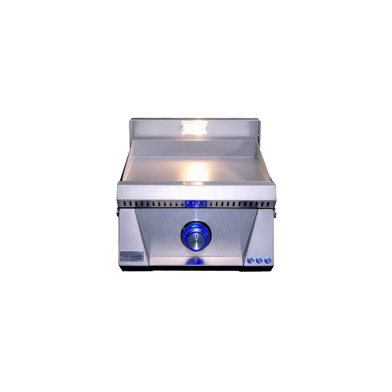 Stainless steel grill with blue control knob on a white background