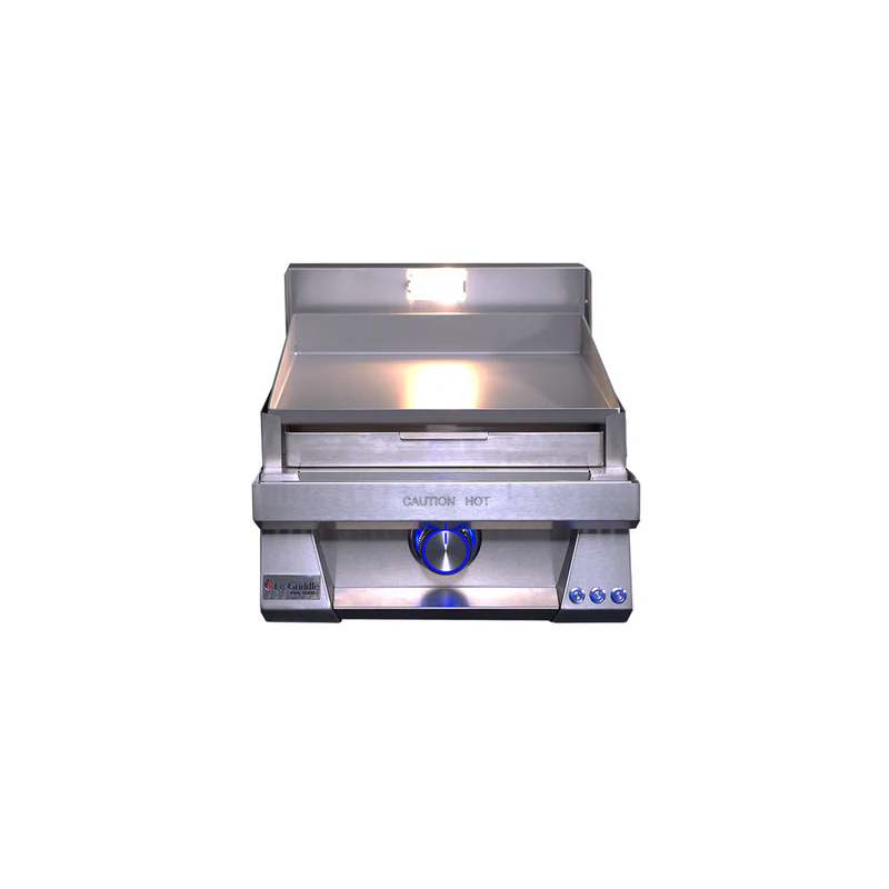 Stainless steel grill with 'Caution Hot' indicator on a white background