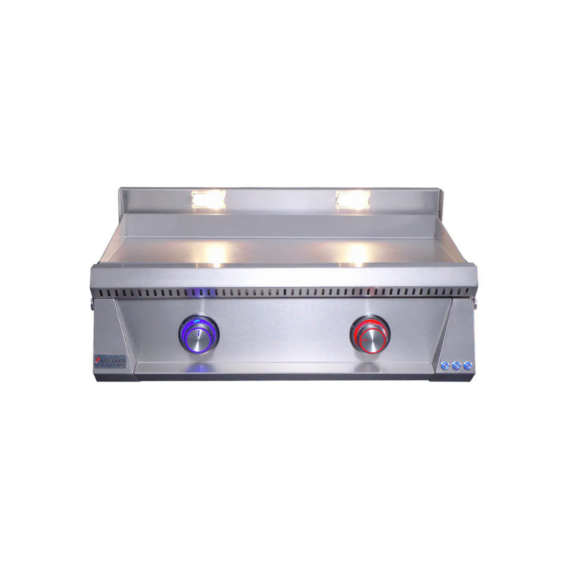 Stainless steel cooktop with two burners on a white background