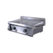 Stainless steel griddle with two control knobs on a white background