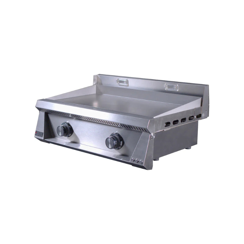 Stainless steel griddle with two control knobs on a white background