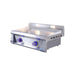 Stainless steel griddle with gas burners on a white background