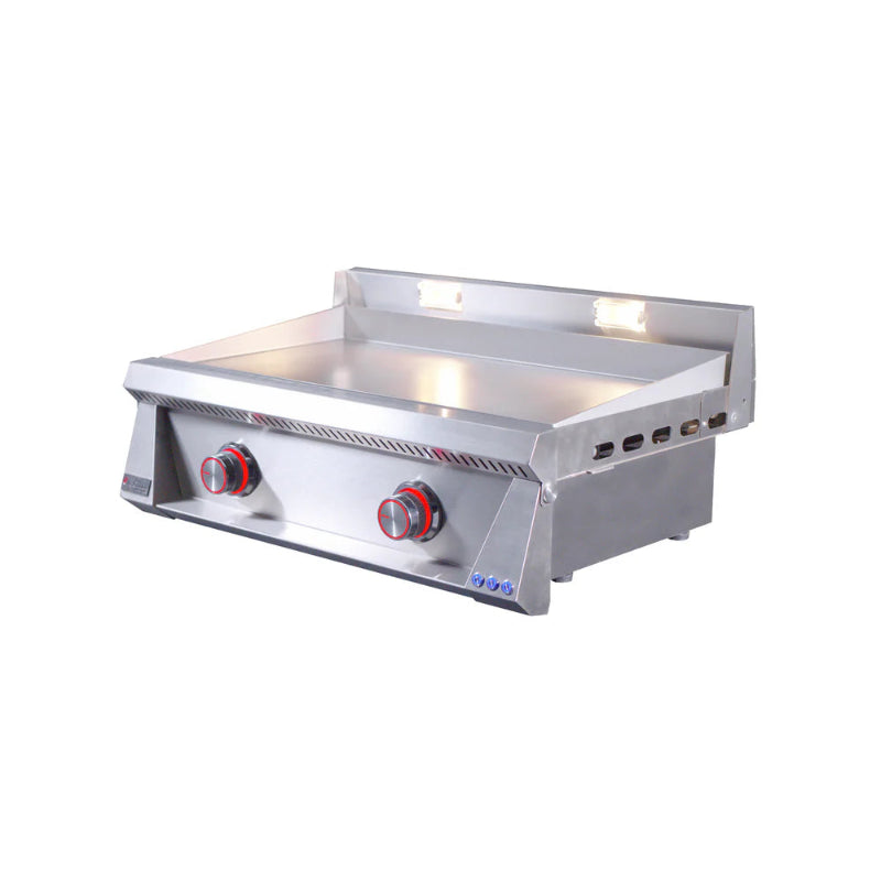 Stainless steel griddle with two red knobs on a white background