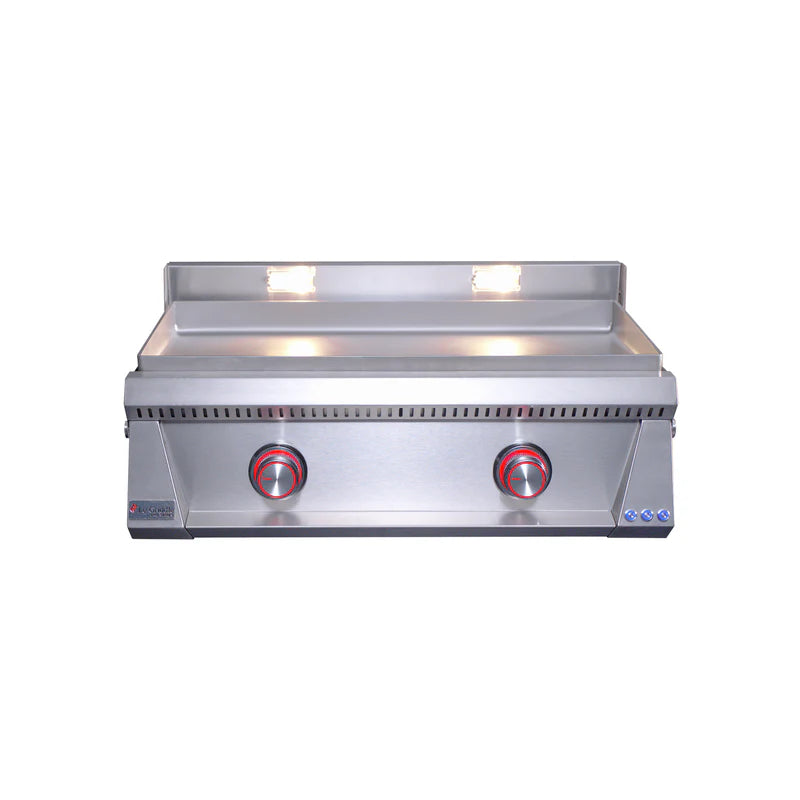 Stainless steel grill with two control knobs on a white background
