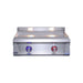 Stainless steel grill with two control knobs on a white background