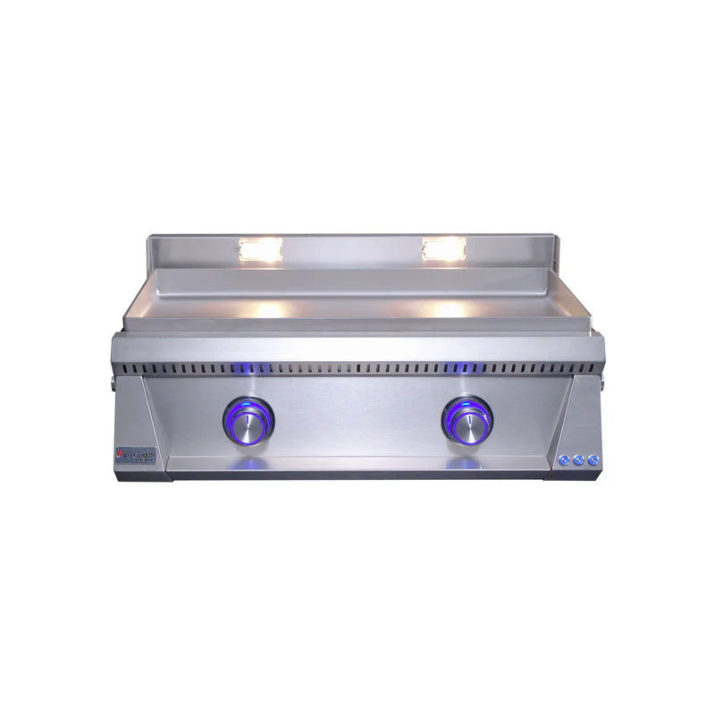 Stainless steel grill with two burners on a white background