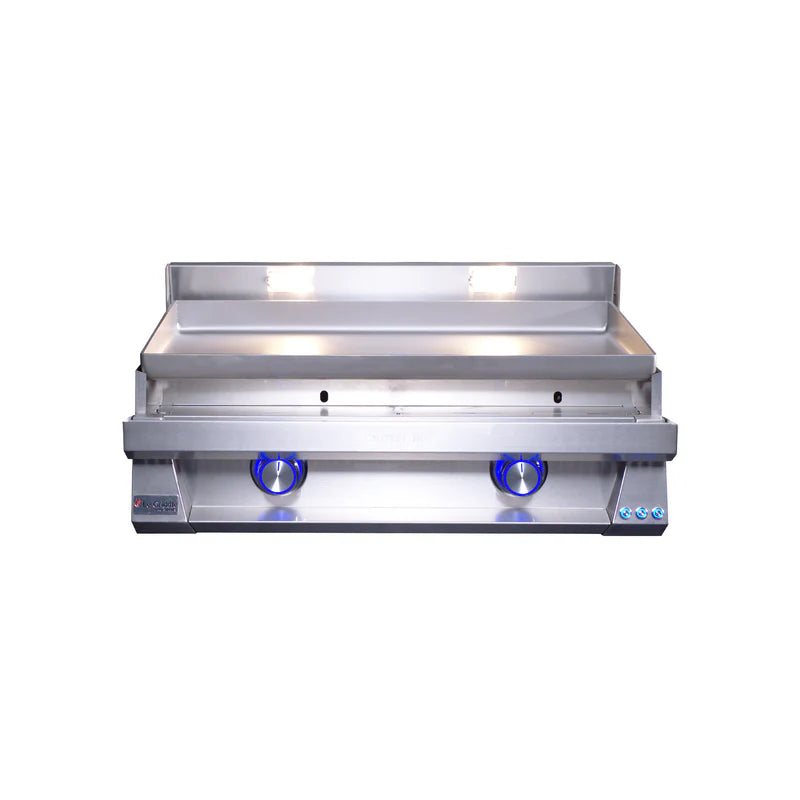 Stainless steel grill with three blue burners on a white background