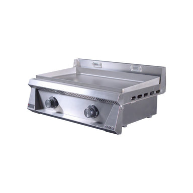 Stainless steel griddle on a white background