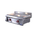 Stainless steel griddle with two red knobs on a white background