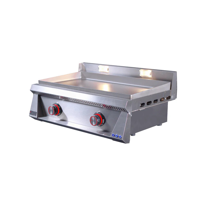 Stainless steel griddle with two red knobs on a white background