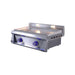 Stainless steel griddle with two burners on a white background