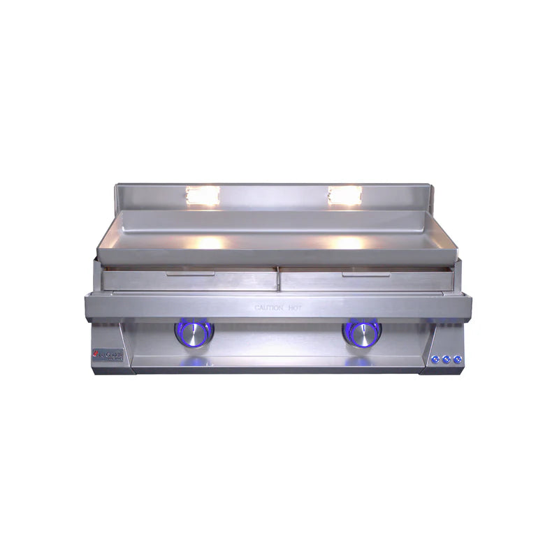 Stainless steel grill with two burners on a white background