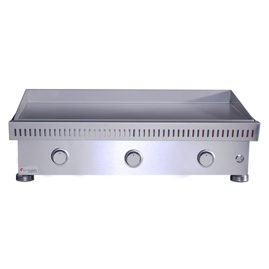 Stainless steel griddle with control knobs on a white background
