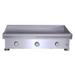 Stainless steel griddle with control knobs on a white background