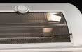 Stainless steel grill with glass door and thermometer on a black background