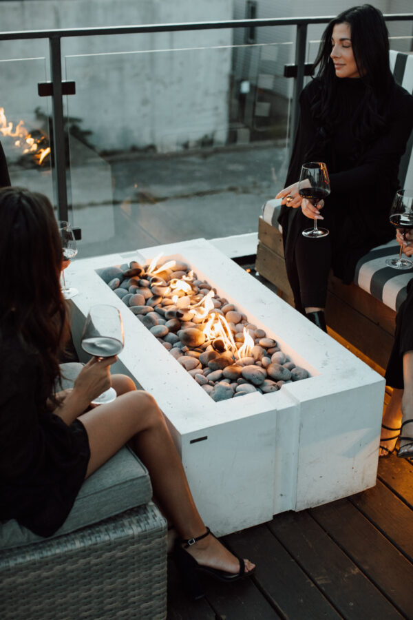 People sitting around a fire pit on a patio