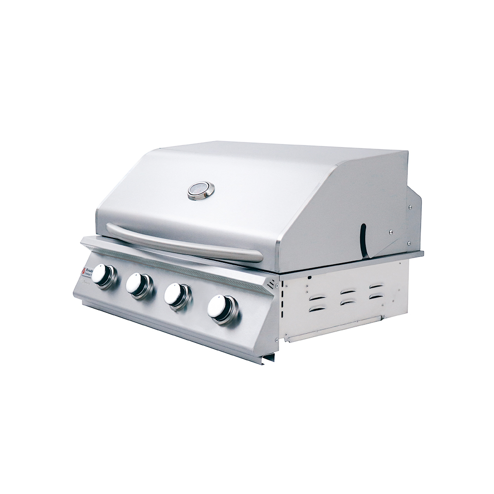 A stainless steel built-in gas grill with a four-burner control panel and a closed lid, shown from a three-quarters angle on a white background.