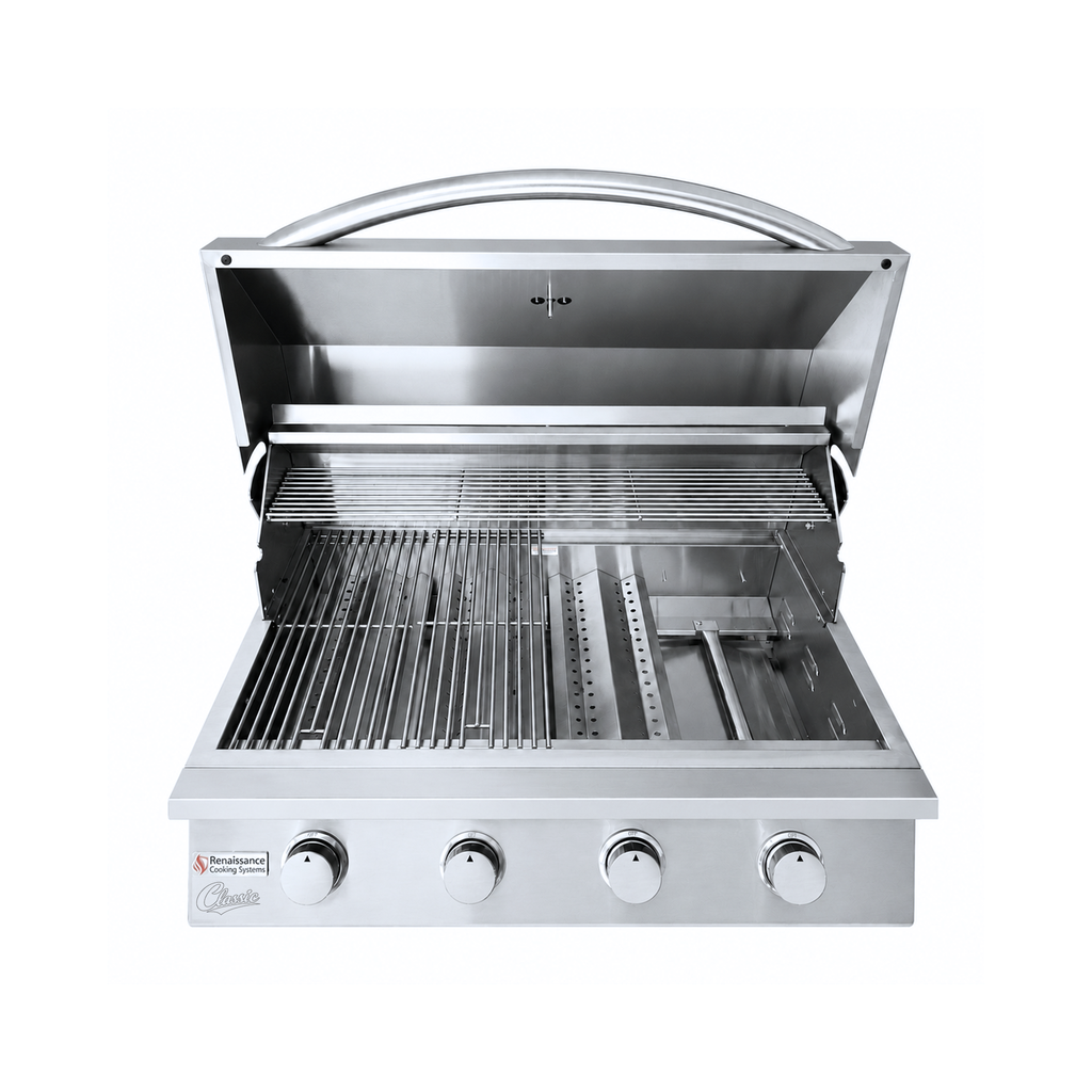 A stainless steel outdoor gas grill with its lid open, showing the interior grates and burners. The grill has a curved handle on top and four control knobs on the front panel.