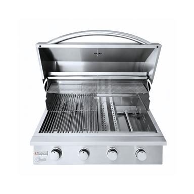 A stainless steel outdoor gas grill with its lid open, showing the interior grates and burners. The grill has a curved handle on top and four control knobs on the front panel.