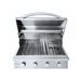 A stainless steel outdoor gas grill with its lid open, showing the interior grates and burners. The grill has a curved handle on top and four control knobs on the front panel.