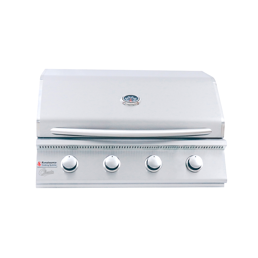 A stainless steel outdoor gas grill with a closed lid, featuring a silver handle, four control knobs, and a small round temperature gauge on the lid, shown against a plain white background.