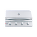 A stainless steel outdoor gas grill with a closed lid, featuring a silver handle, four control knobs, and a small round temperature gauge on the lid, shown against a plain white background.