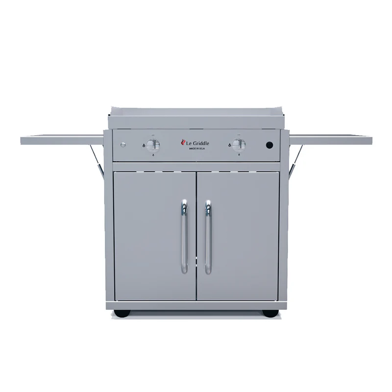 Stainless steel freestanding griddle on a white background